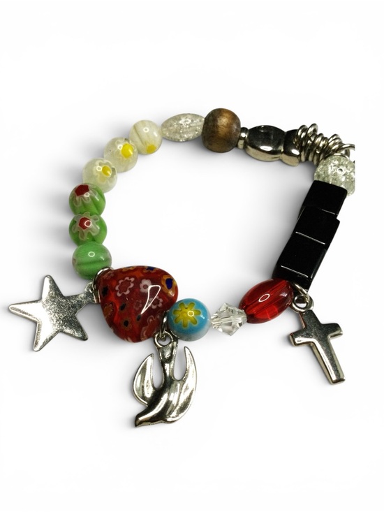 Handmade Jewelry - Vtg Artisan Christmas Stretch Bracelet – Mixed Beads with Star Cross Dove Charms
